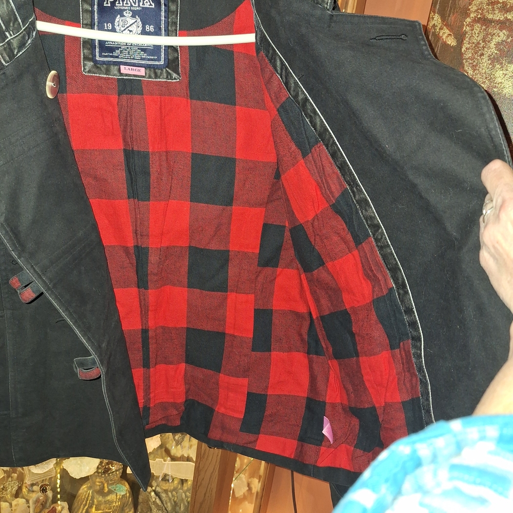 PINK Victoria's Secret Black Peacoat with Red Plaid Lining and Faux Fur Trim - Picture 8 of 16
